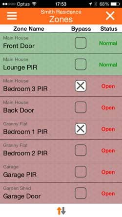 MyAlarm Zones screen MyAlarm Zones