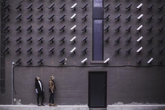 Security cameras on a wall