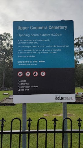 Council sign for Upper Coomera Cemetery