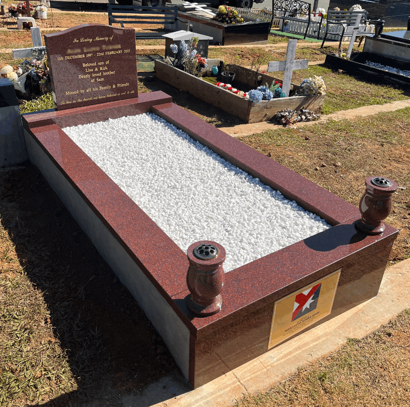 Custom red granite gravestone
