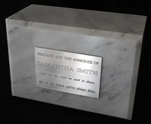 Marble natural stone urn with stainless steel engraved plaque