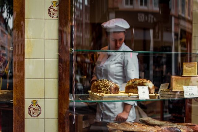 Glass shelves in bakery window