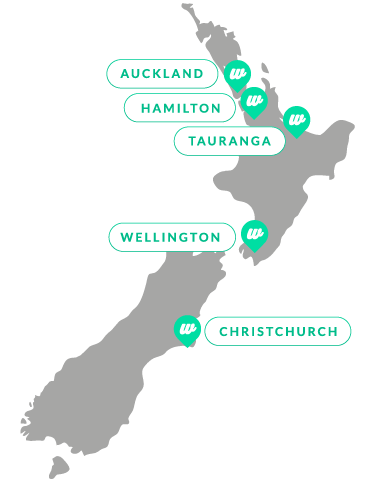 Map of New Zealand with marked cities of Auckland, Hamilton, Wellington and Christchurch