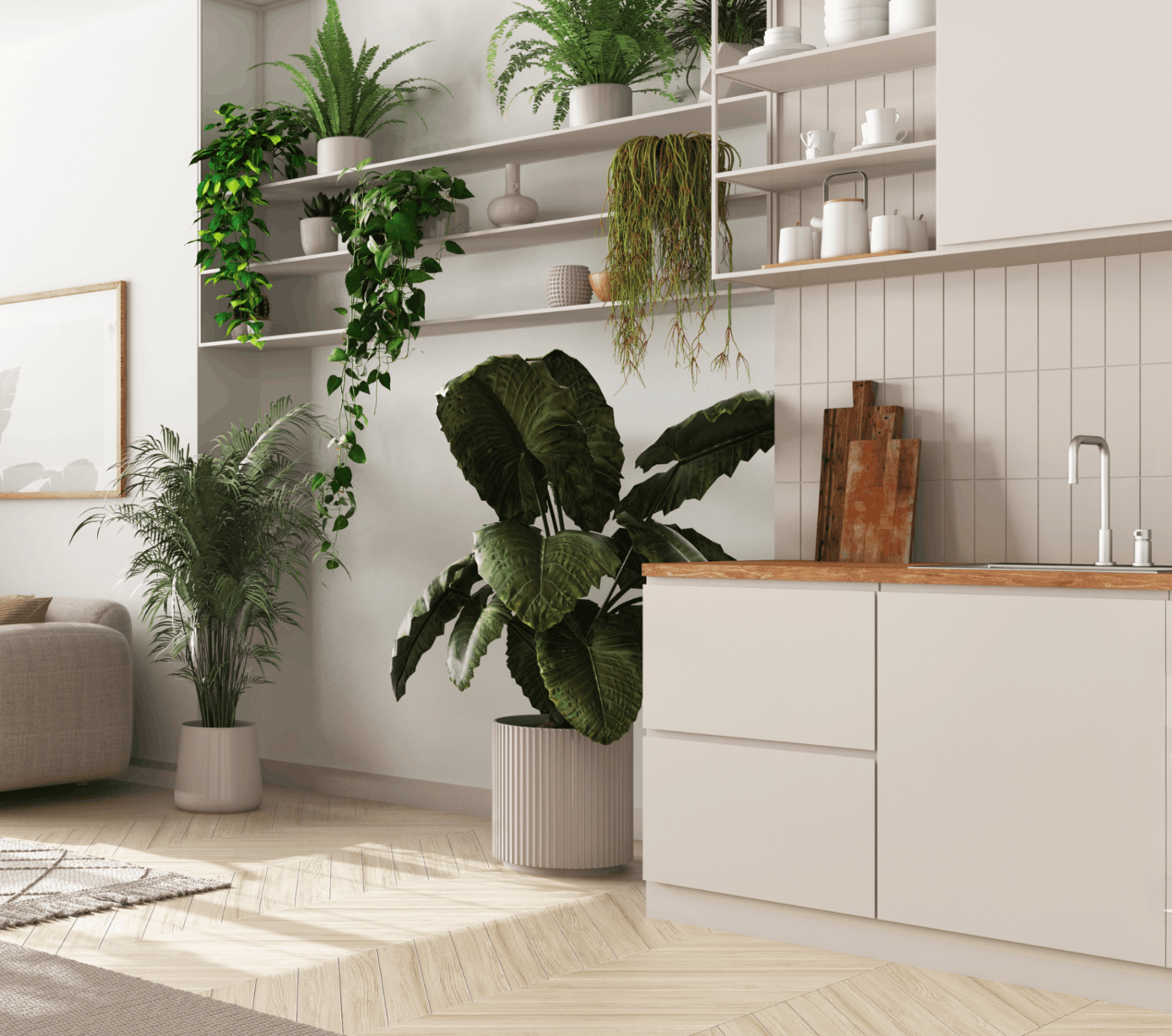 Biophilic kitchen & laundry  utilising wood countertops and hand lots of potted plants on open shelves