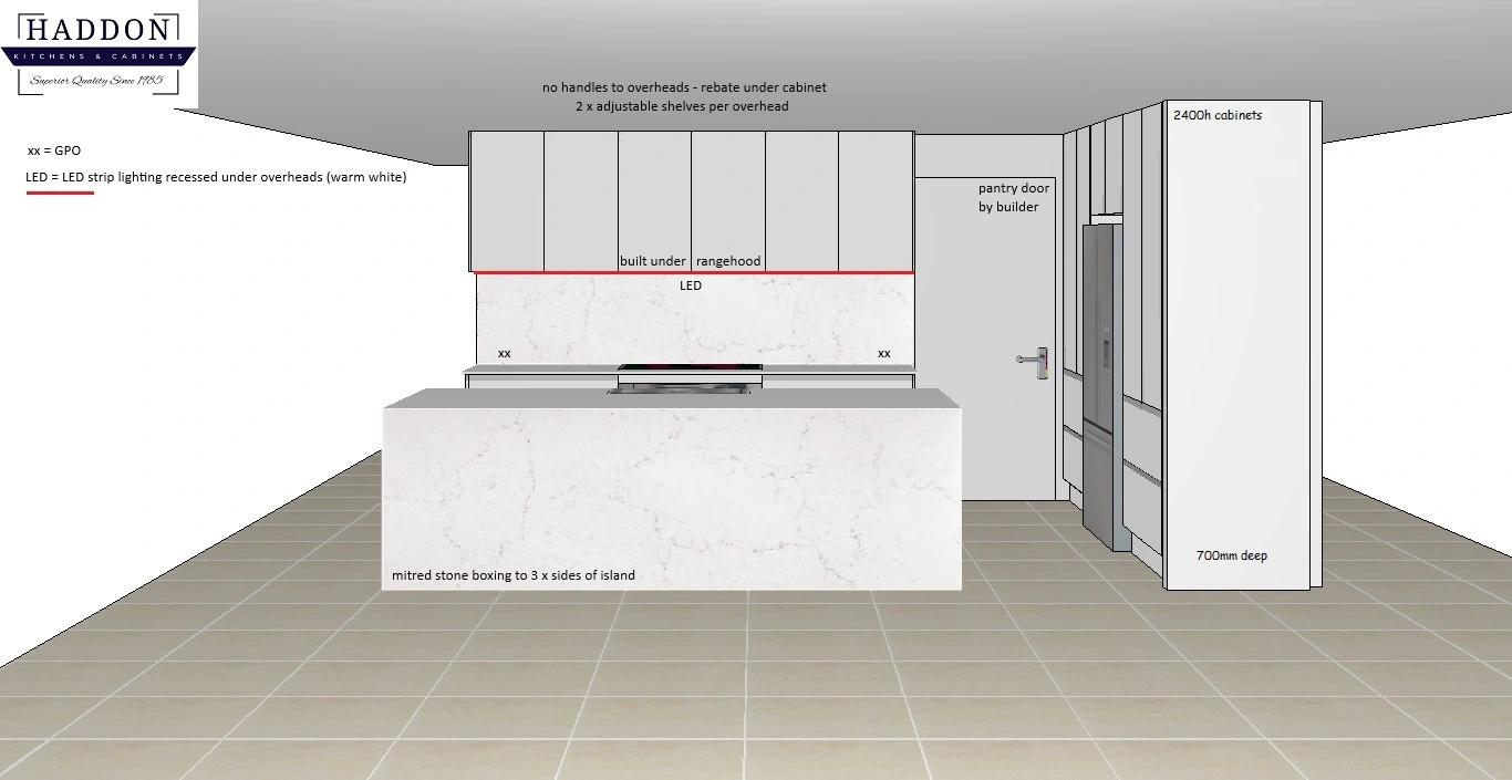 3D view of the kitchen design showing the island, overheads and appliance tower