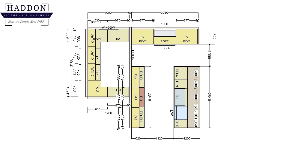 Detailed kitchen floor plan with cabinet dimensions