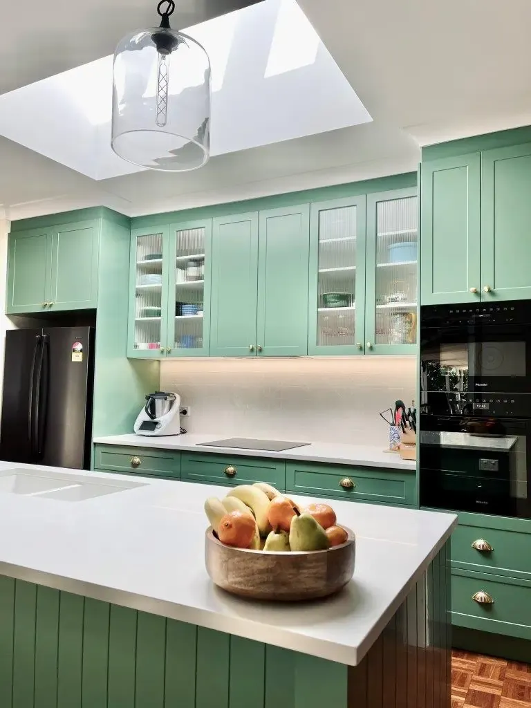 Two pack cabinetry in Taubmans ‘Tanura Green’ 30% satin with shaker profile