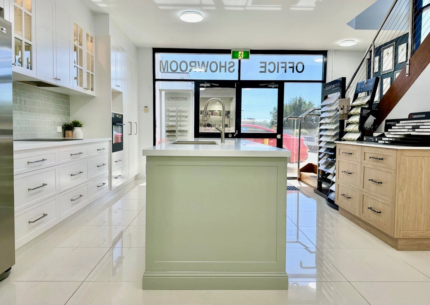 Showroom entrance with display kitchens and benchtop sample stands