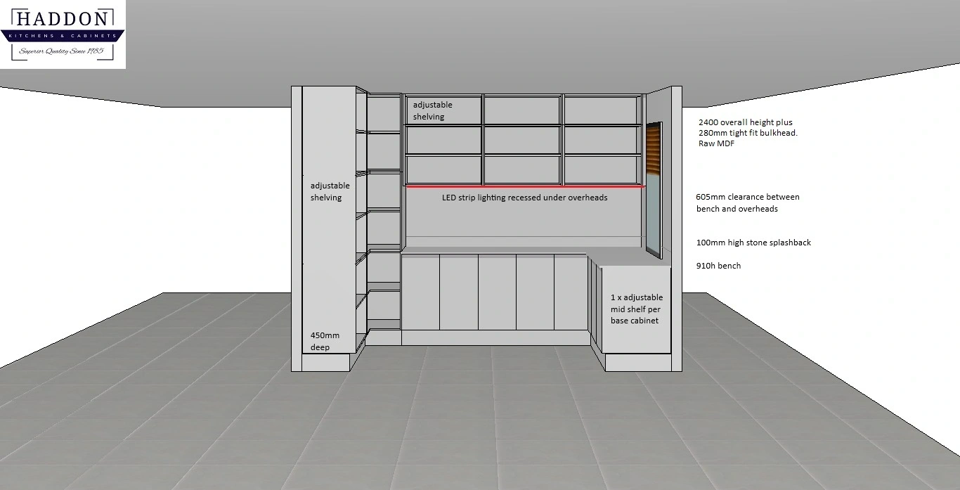 3D view of the walk in pantry design showing adjustable shelving and bench