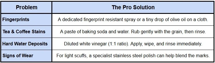 Stainless steel worktop care tips showing resolutions for common problems such as a tiny drop of olive oil on a cloth to remove fingerprints. also, baking soda and water to rub gently with the grain, then rinse to remove tea and coffee stains