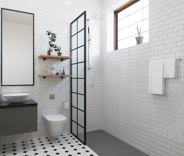 White bathroom with shower and toilet