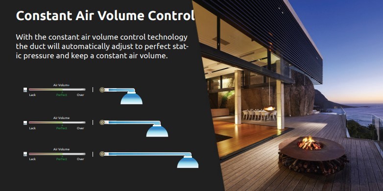 Carrier ducted air con auto static pressure adjustments to keep air volume constant through various length ducts