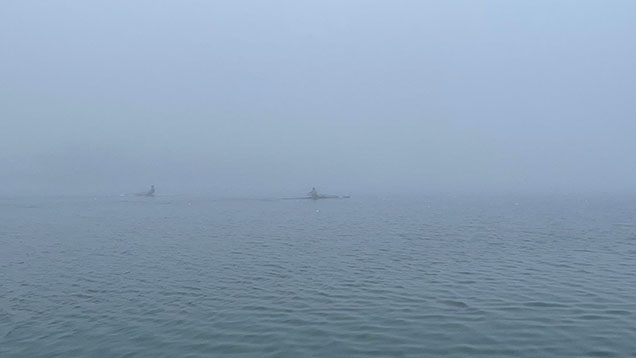Rowers in fog