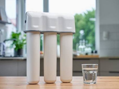 Under the sink water filter with a glass of water next to it