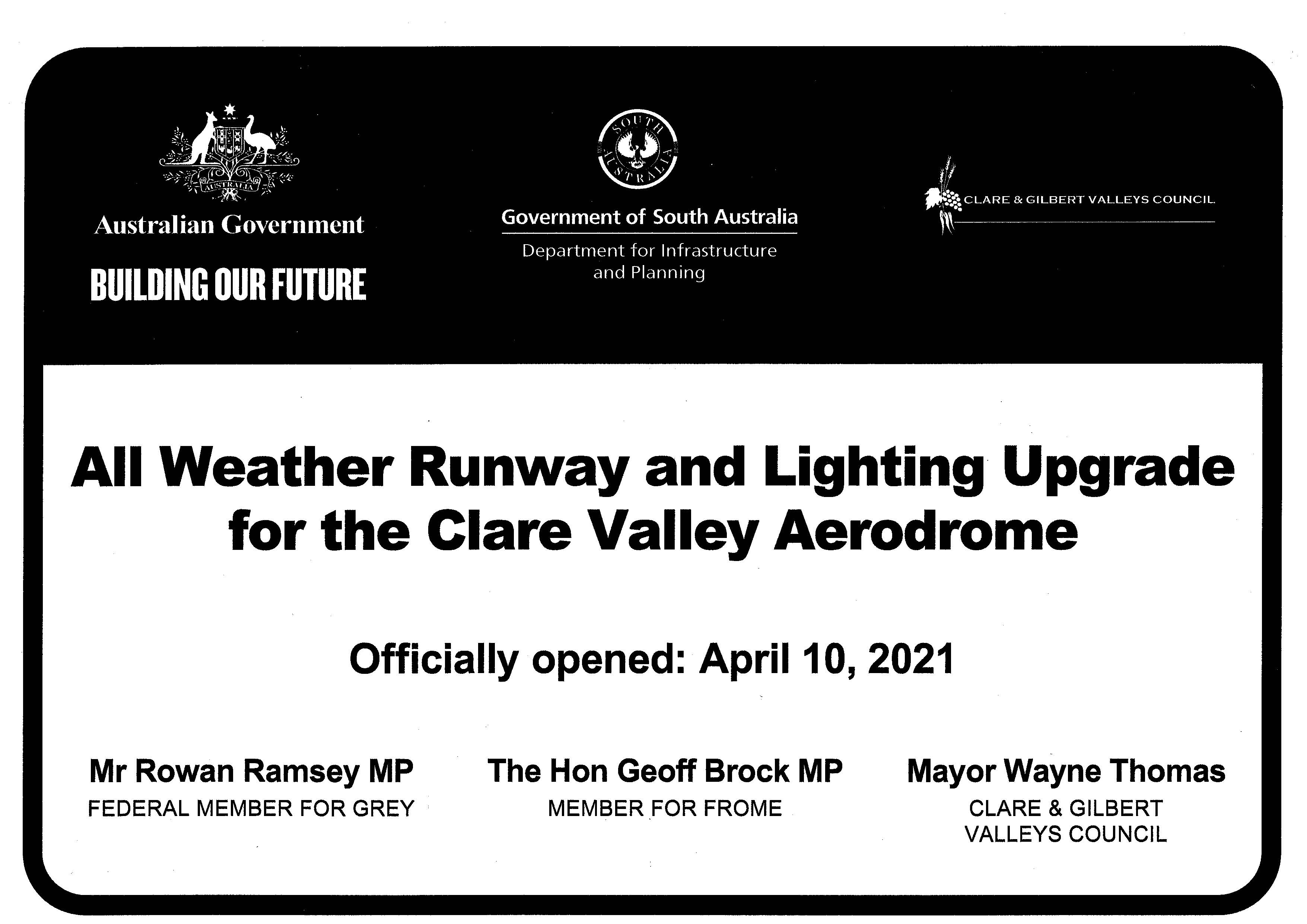 Clare Valley Aerodrome Opening Plaque