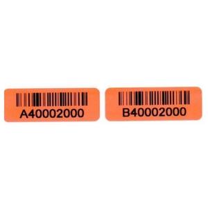 Red security label with barcode and text applied