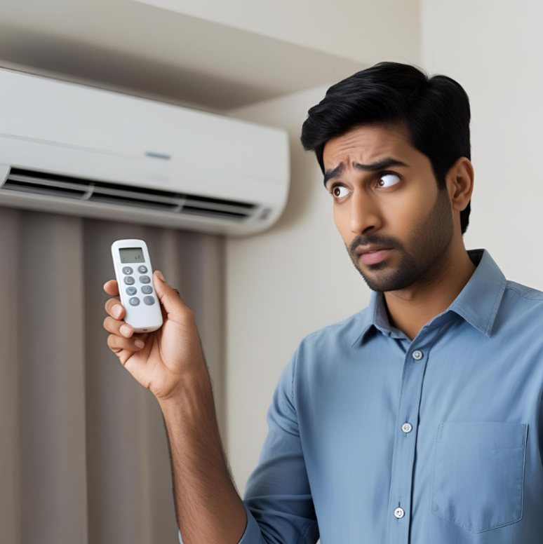 man using remote control on split system AC