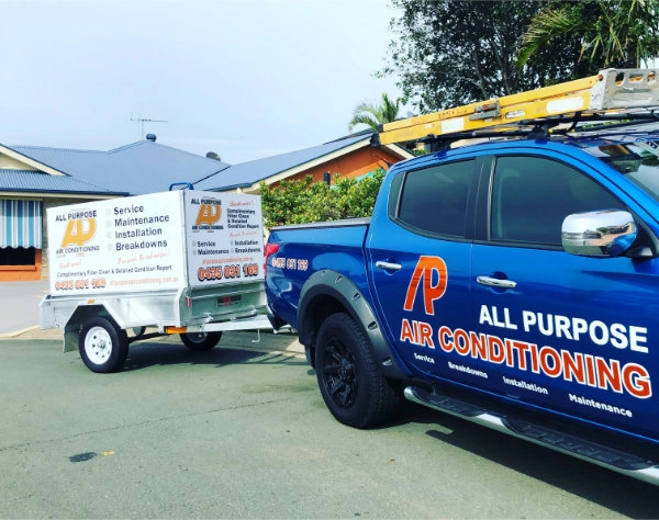 All Purpose Air Conditioning branded ute and trailer containing all the tools needed for aircon servicing, cleaning and maintenance