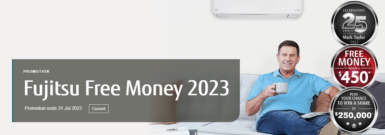 Fujitsu Free Money 2023 Promotion flyer showing man sat under air conditioning unit