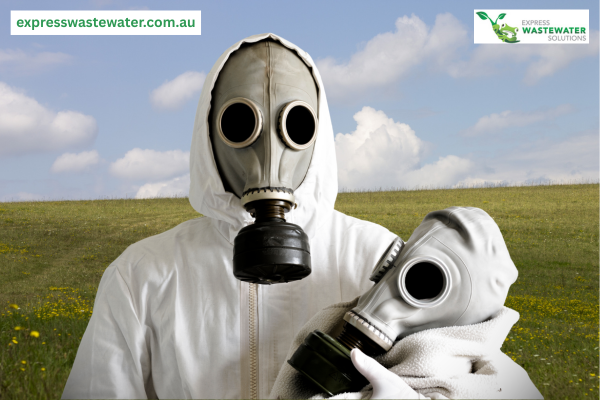 Person wearing a gas mask in a drain field from an AWTP that has not had regular servicing and maintenance creating foul odours from the system and in the drain field