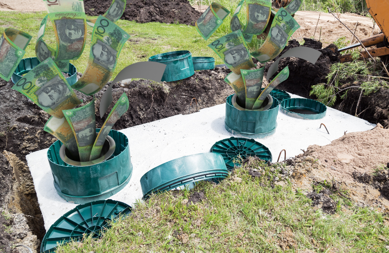 Hundreds of Australian dollars being sucked into the pipes of a new septic tank installation in the ground.