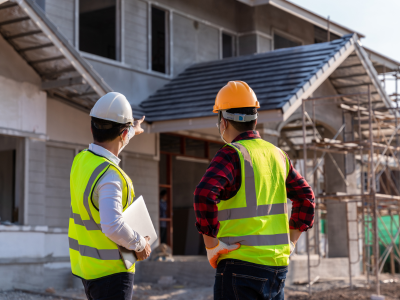 Construction workers making a plan for the knockdown rebuild