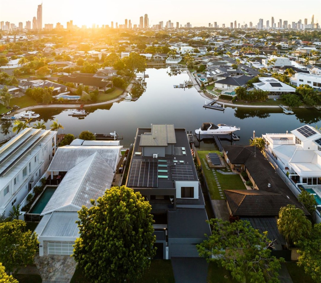 Campbell street home, Broadbeach Waters, Gold Coast Aerial View of homes along the water