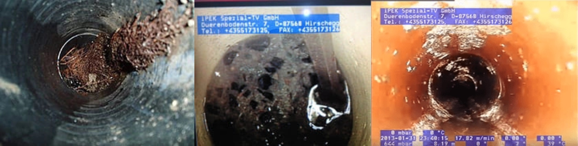 3 images from cctv drain cameras showing drains blocked by tree roots, grease, soap scum, grime