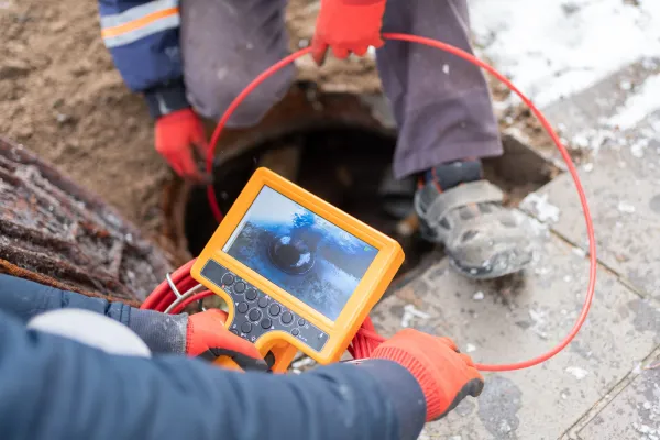 technicians performing CCTV pipe inspection