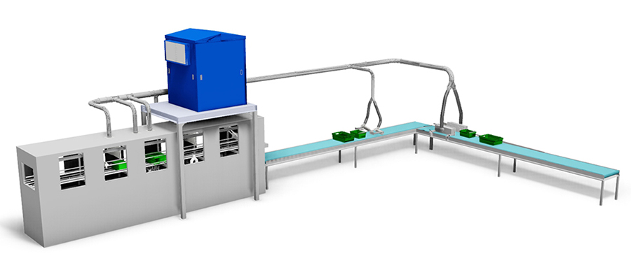Diagram of how a crate drying system can be configured with a conveyor  and air blowers