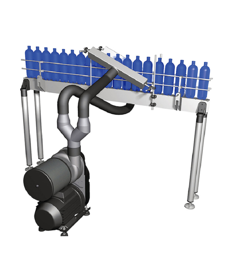 Diagram of ACI's open air drying system showing bottles on conveyor line with fan, hose and air nozzles
