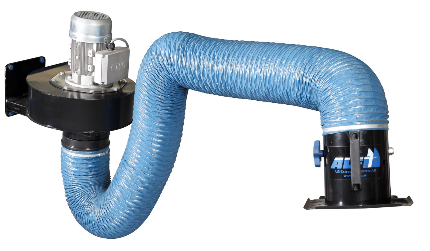 Product shot of the Plymoth fume extraction arm - wall mounted (hanging) - with extraction fan