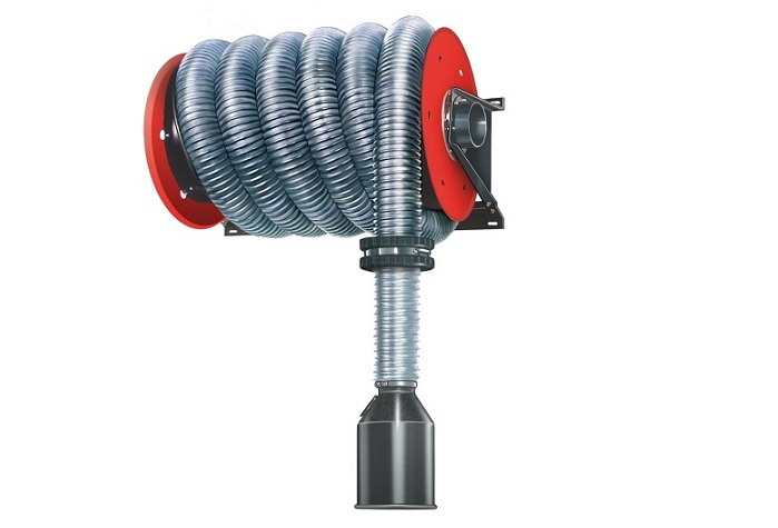 Hose reel for extraction of car exhaust fumes