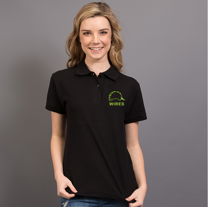 Ladies Cotton Polo Black with green print front and back