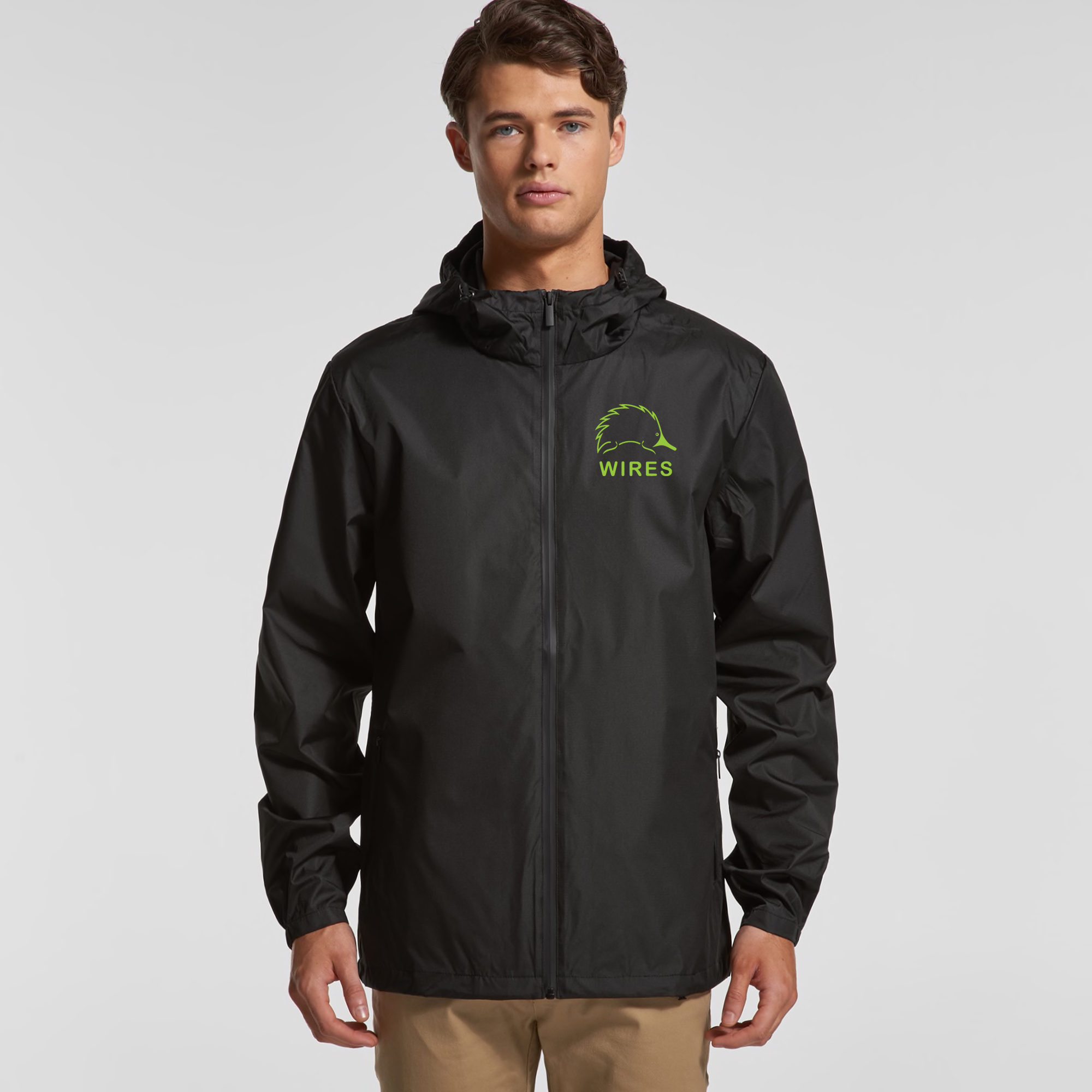 Zip up hooded water resistent jacket Black with green print front and back