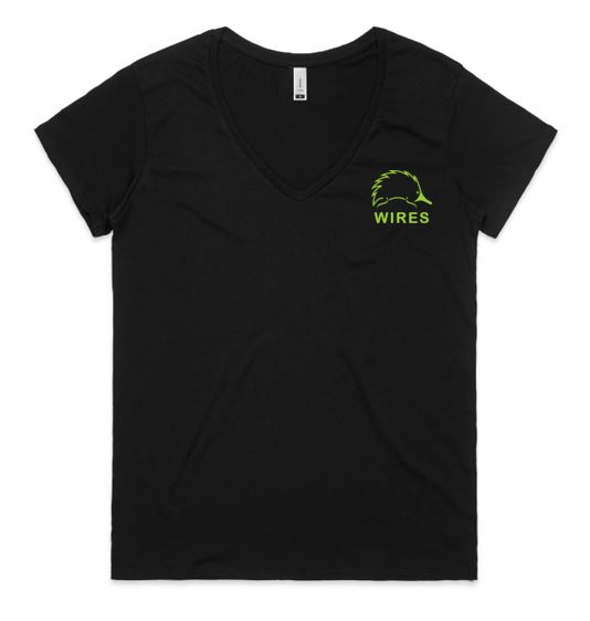 Ladies 100% cotton V Neck T-shirt Black with green print front and back