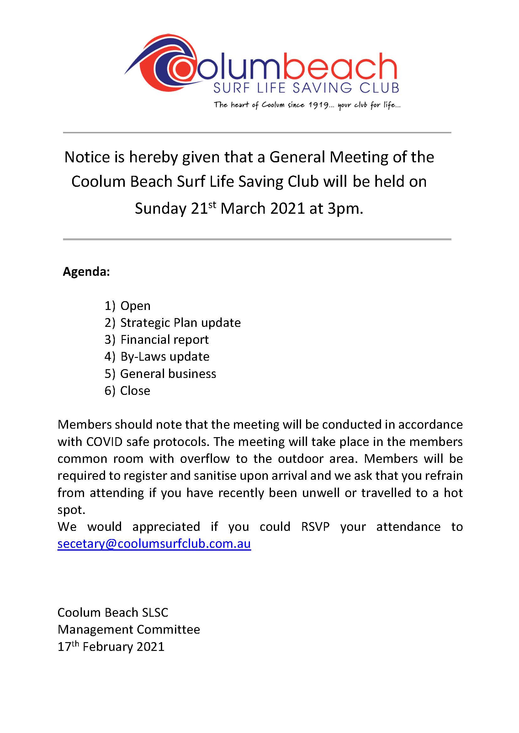 General Meeting March 2021 Agenda