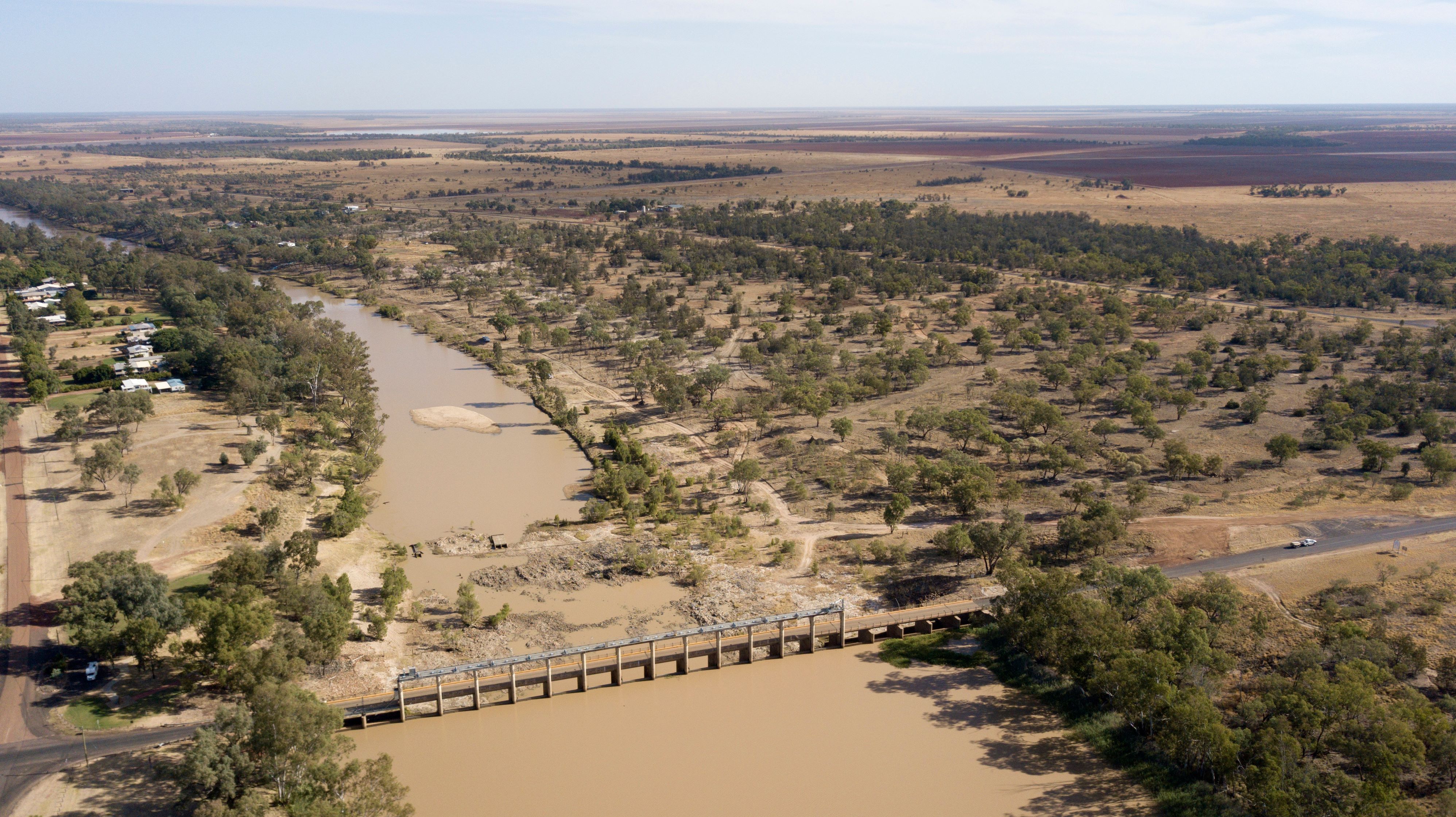 A serene view of the Balonne River, featuring its meandering path through the countryside. 