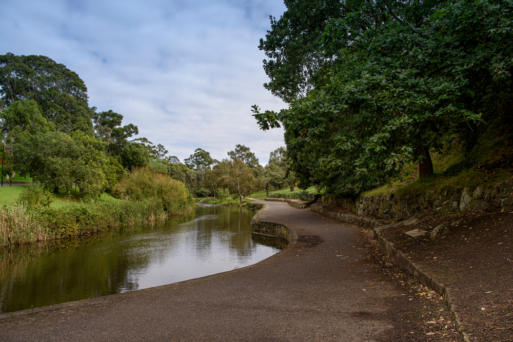 A serene image of Coburg Lake Reserve, showcasing the peaceful lake surrounded by lush greenery and mature trees. Families and individuals are visible enjoying the natural setting, some picnicking by the water's edge, others walking along the well-maintained trails.