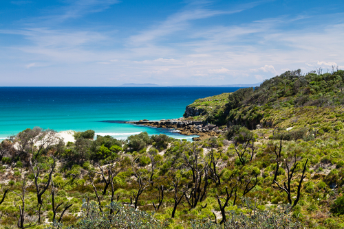 A stunning view of Jervis Bay, capturing its turquoise waters and pristine white sand beaches, a perfect setting for marine life enthusiasts and beachgoers, embodying the area's natural beauty and tranquillity.