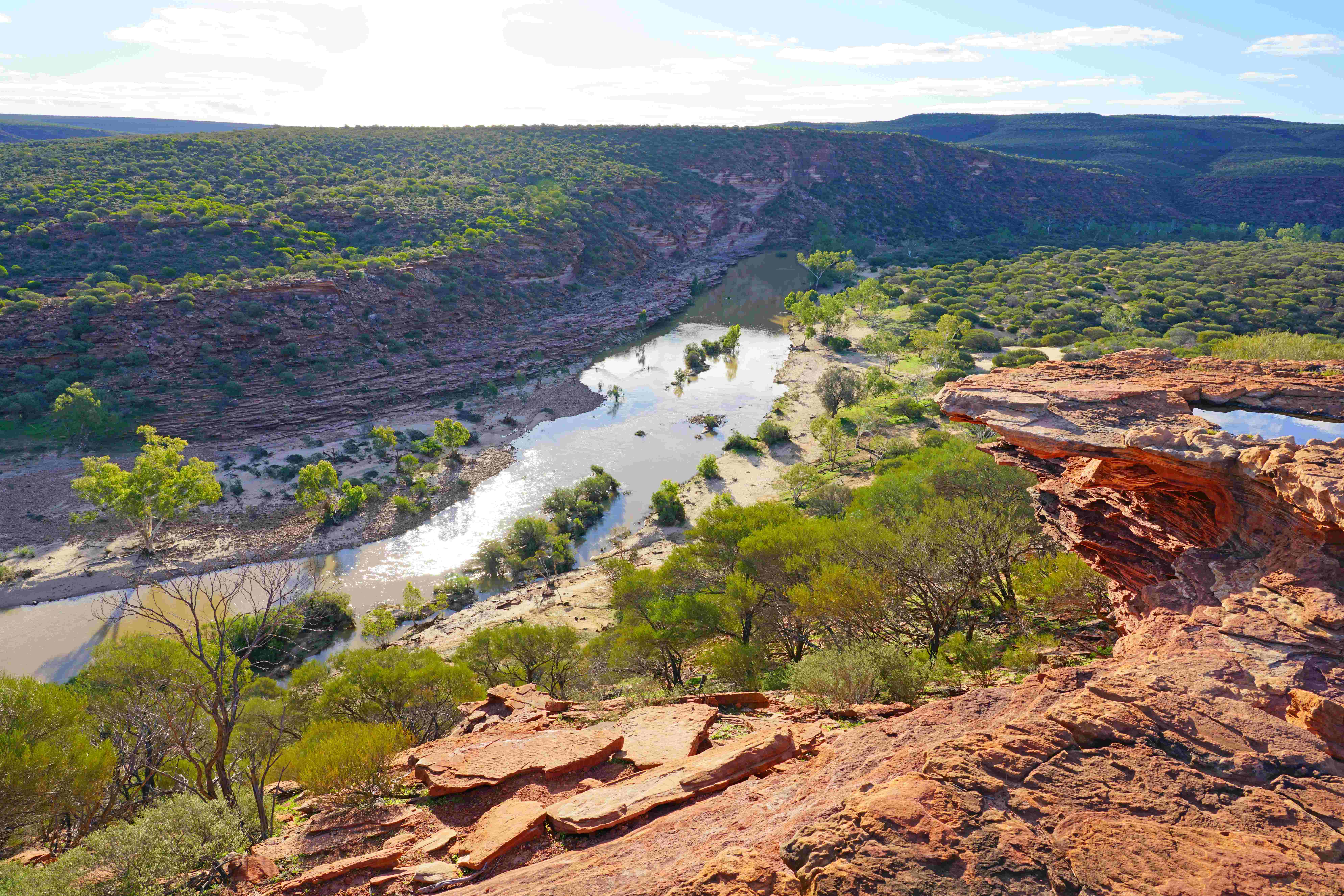 A breathtaking view from Kalbarri National Park, showcasing rugged cliffs against the backdrop of the ocean.