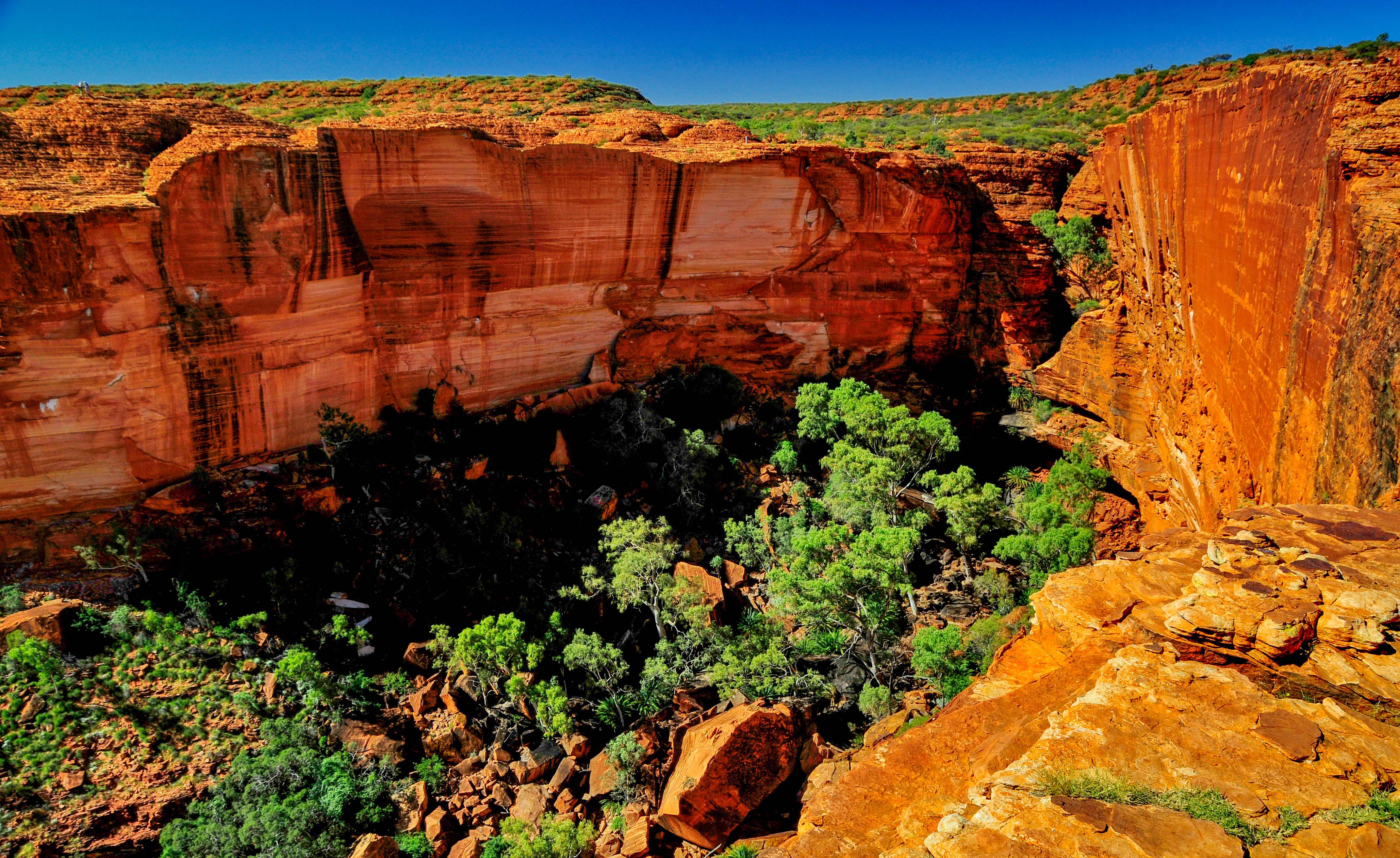 A panoramic view of Kings Canyon, with rugged cliffs rising from the desert floor and a winding trail leading through the canyon. 