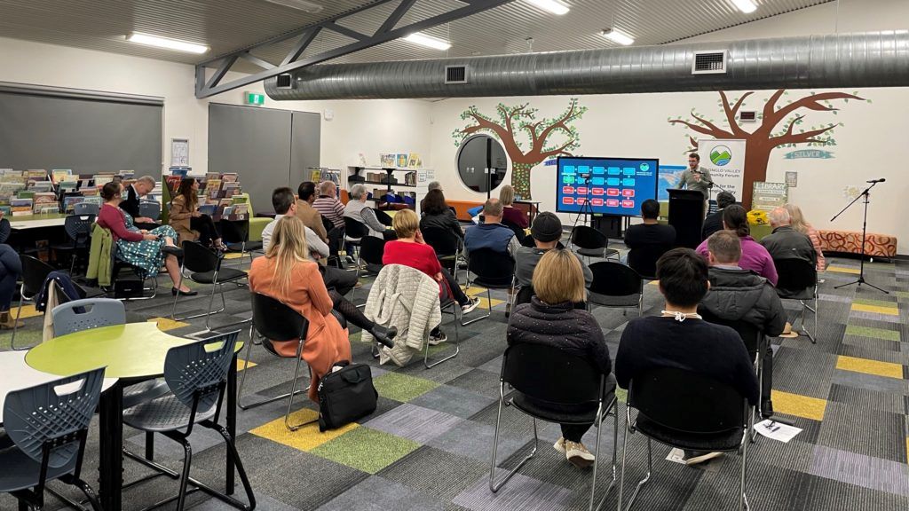 A lively snapshot of the Molonglo Valley Community Centre bustling with activity, with residents participating in community events, workshops, and social gatherings, highlighting the vibrant community spirit of the region. 