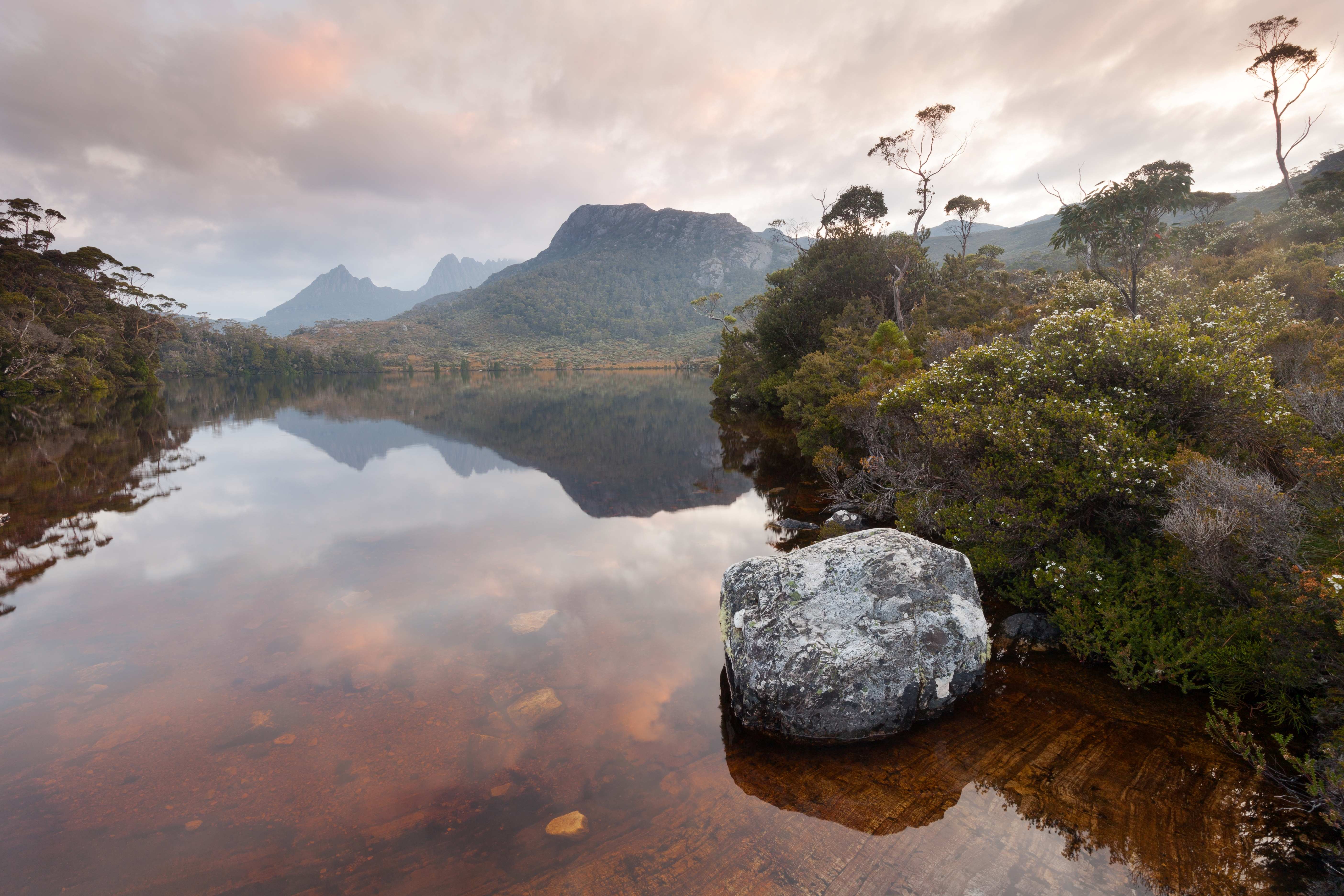 Panoramic view of the mountains and wilderness in Central Highlands Tasmania. 