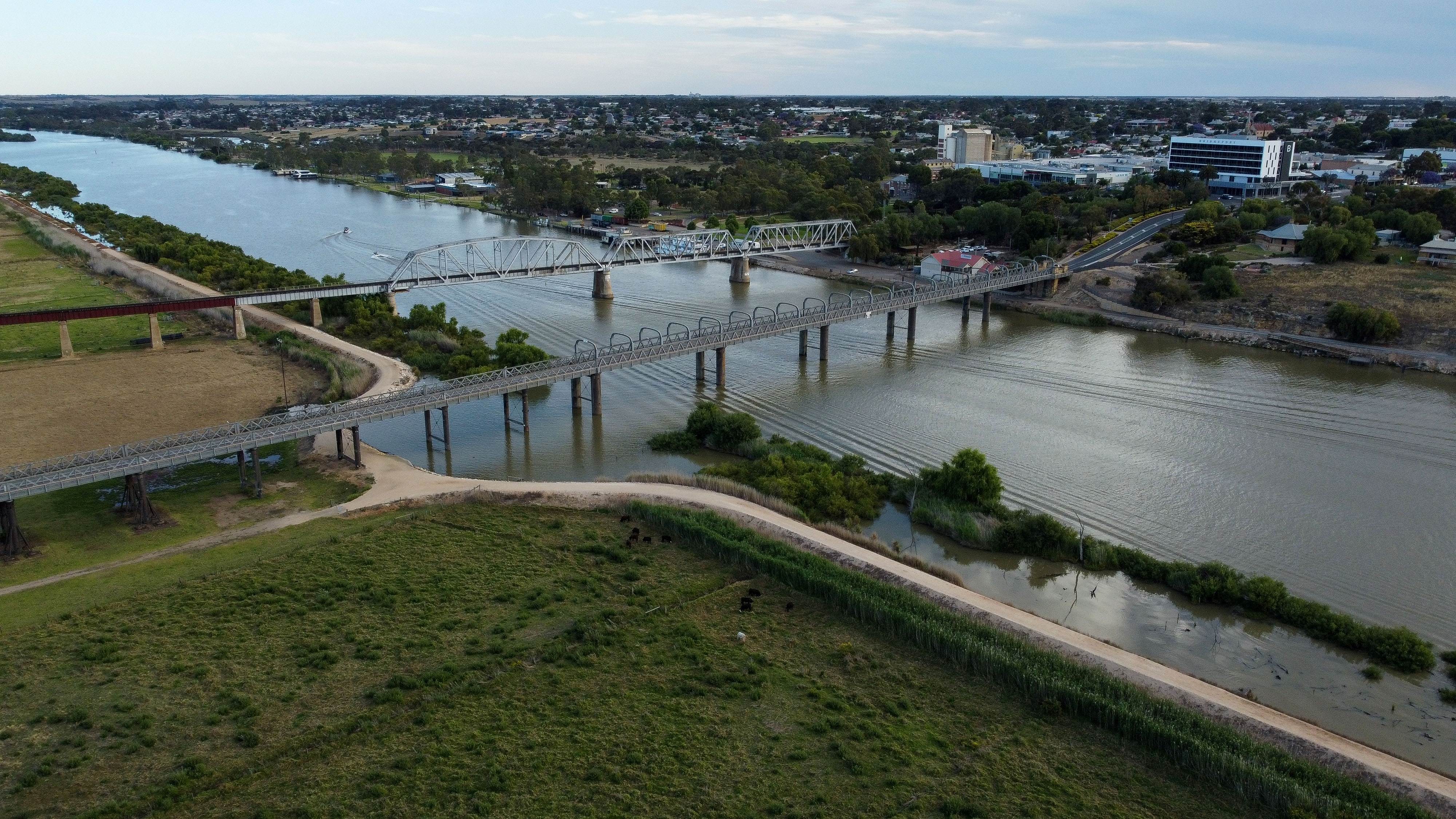 Murray Bridge spanning the Murray River, with paddle steamers cruising beneath and the town skyline in the background. 
