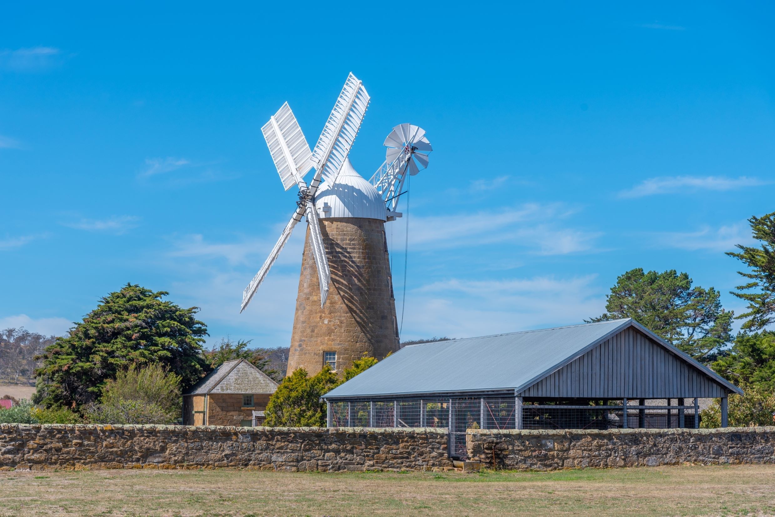 Callington Mill against a blue sky. 