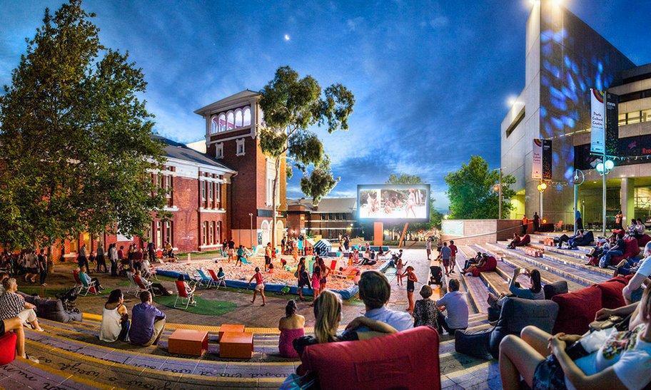 A vibrant scene from the Perth Cultural Centre, featuring public art installations and cultural institutions.
