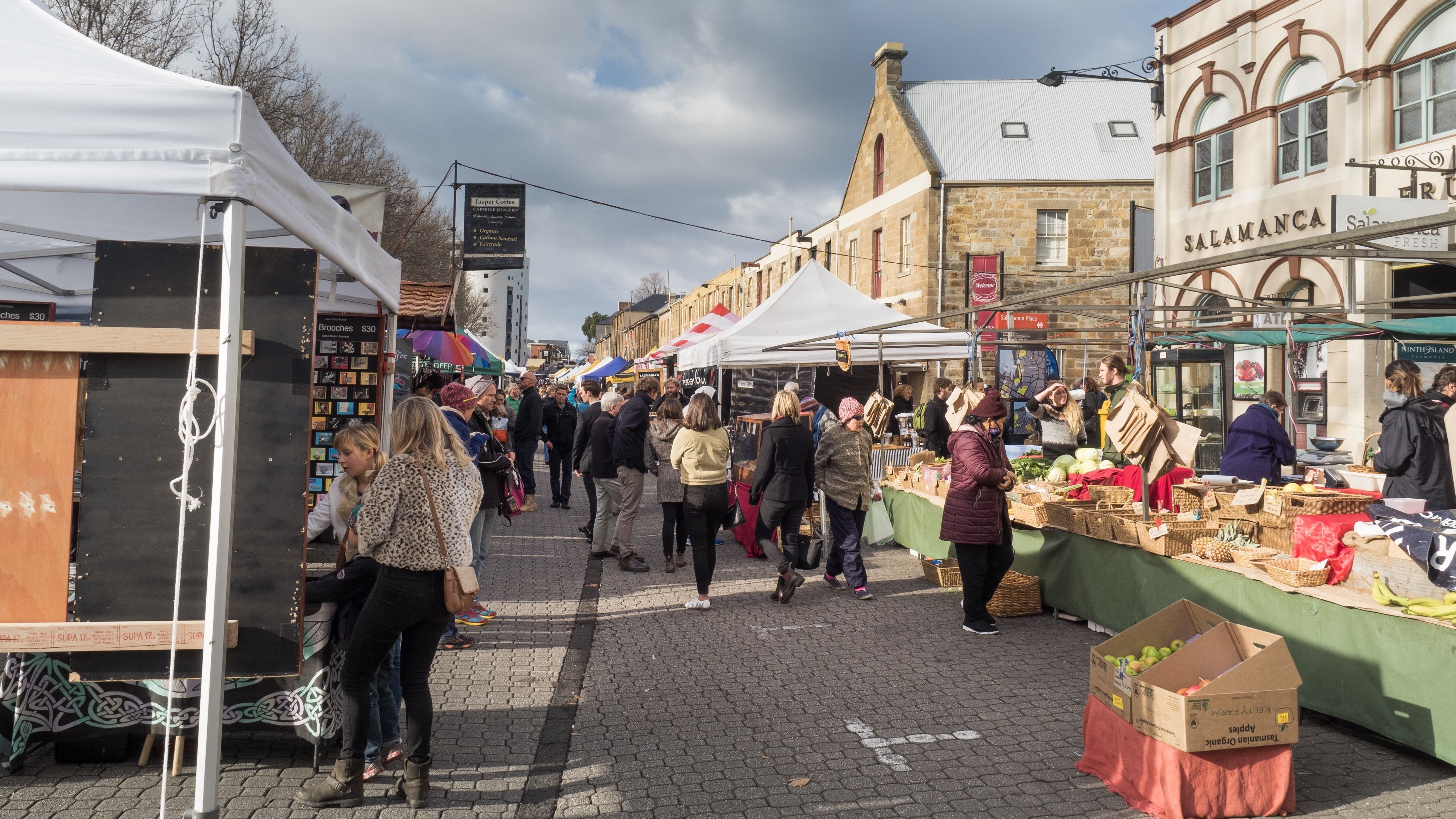 Bustling stalls at Salamanca Market. 