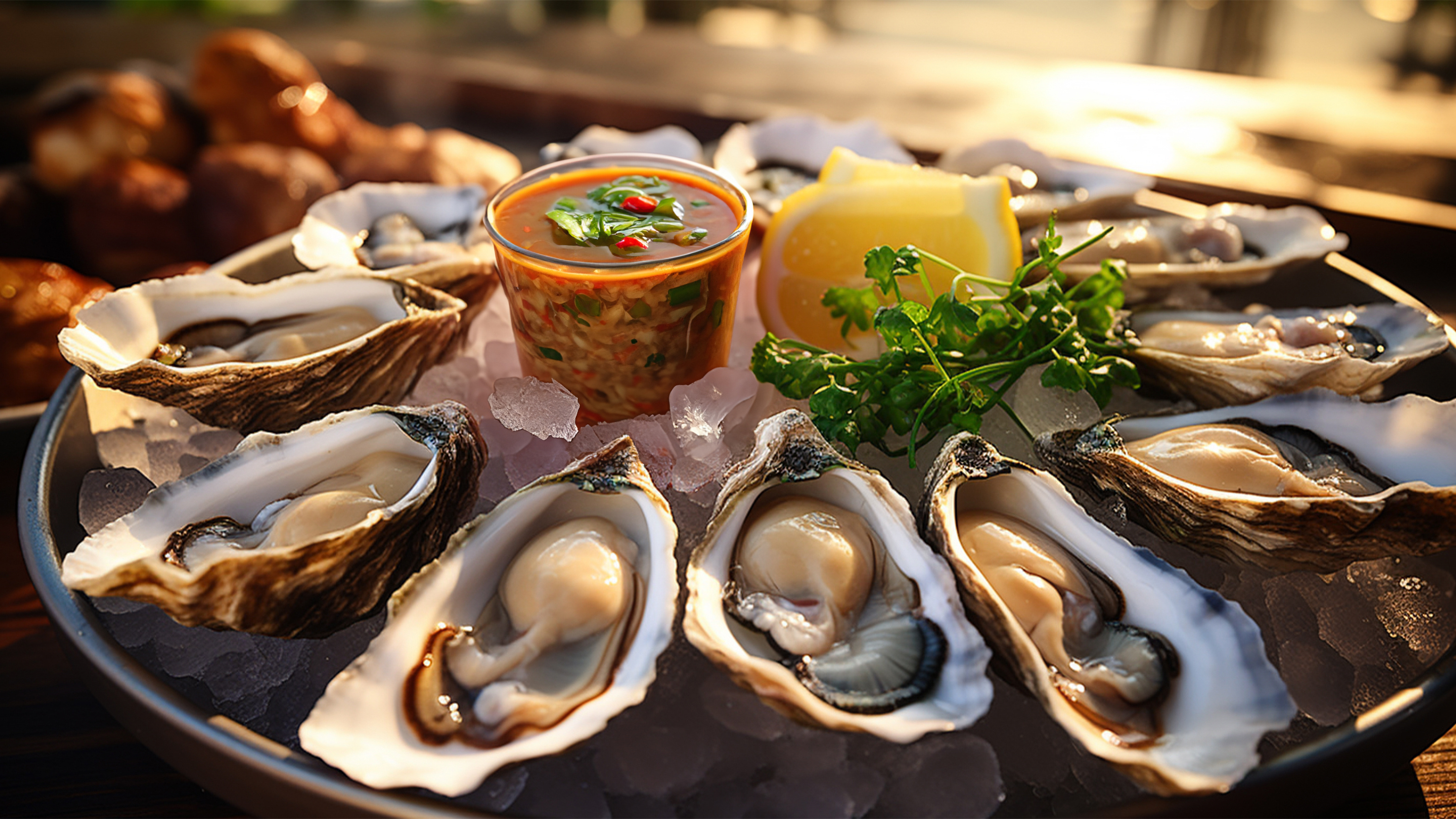 A platter of freshly shucked oysters with lemon wedges and seafood sauce.