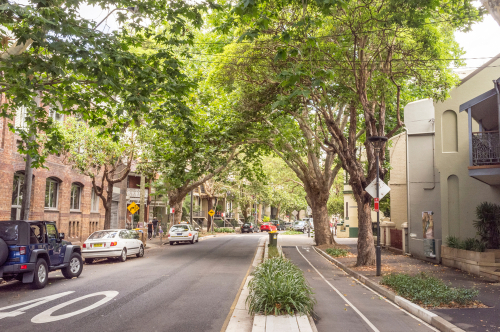 A vibrant streetscape of Surry Hills, adorned with colorful murals and bustling with activity, reflecting the neighborhood's artistic vibrancy and cultural diversity.